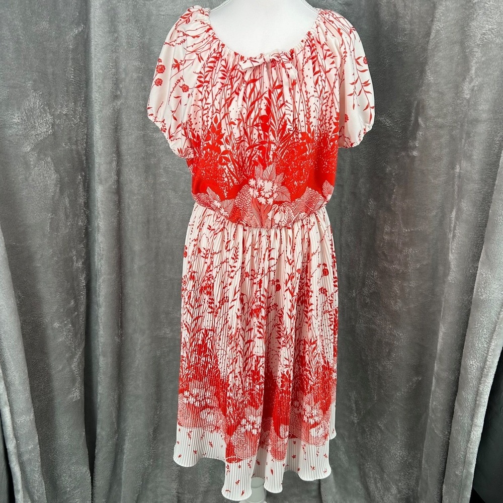 Jennifer Gee Vintage Red White Floral Pleated Midi Dress Size 14 Retro Summer